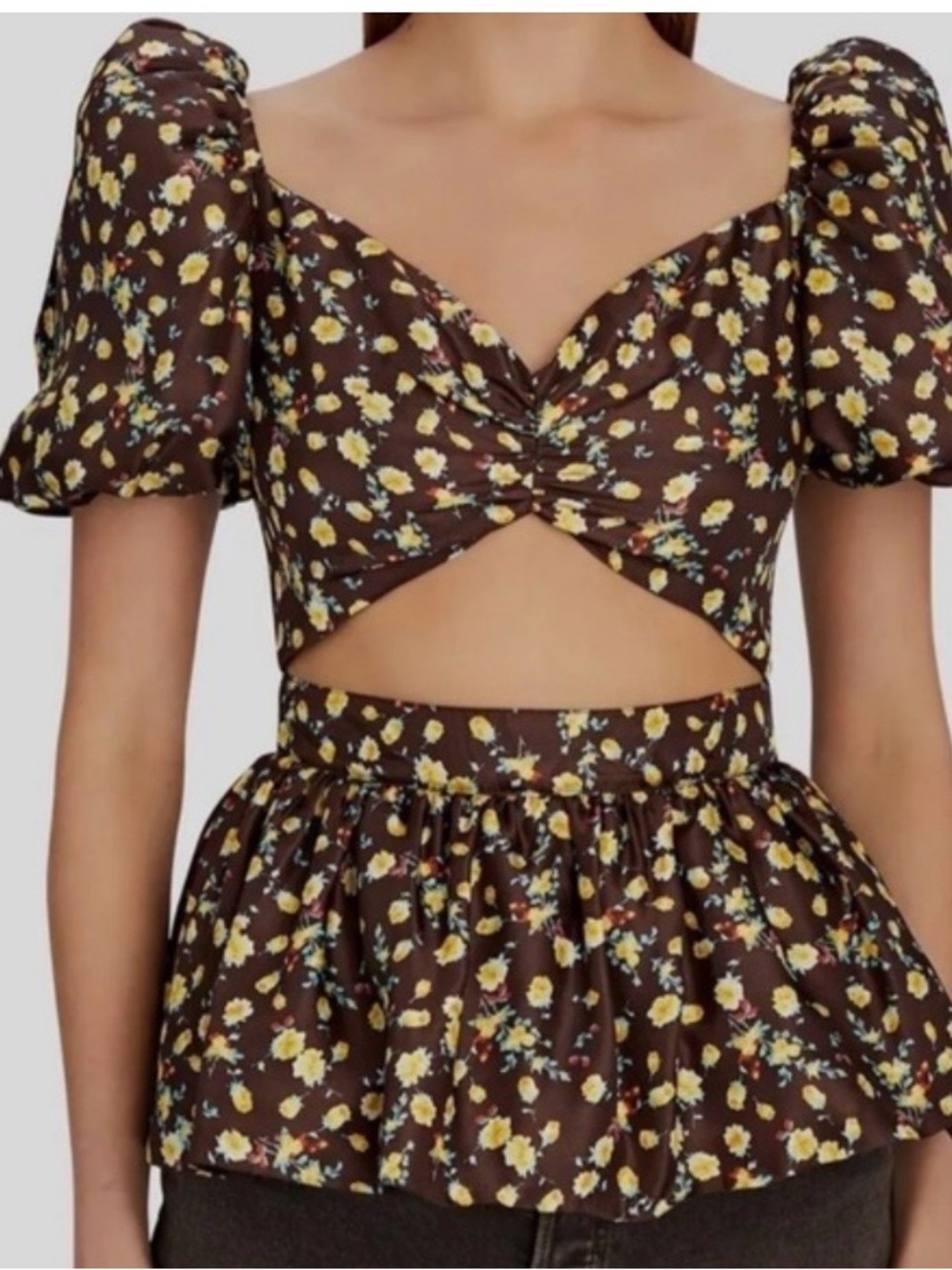 Autumn Adeigbo Brown Floral Puff Sleeve silk top size 2